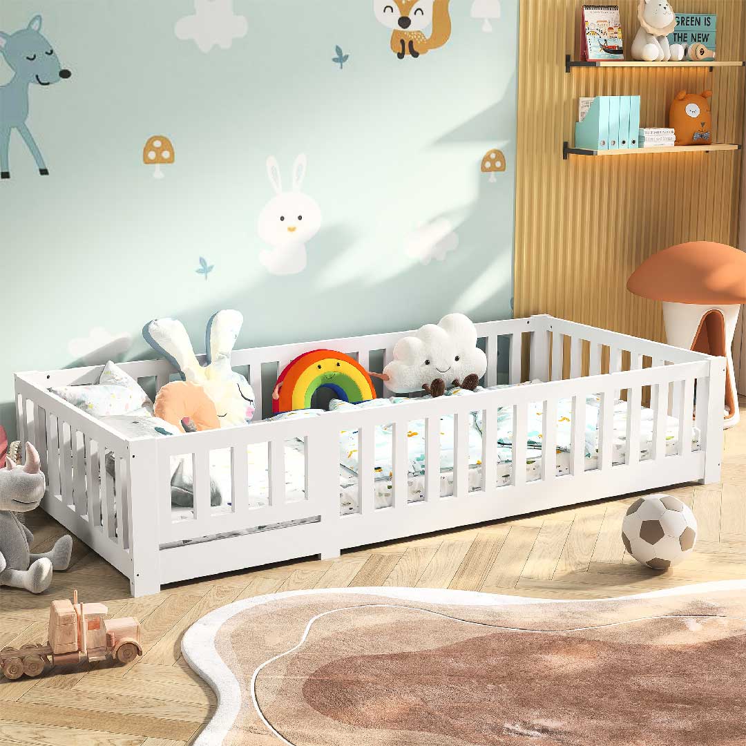 Yelenaro Montessori Kinderbett 90x200 mit Rausfallschutz Weiß