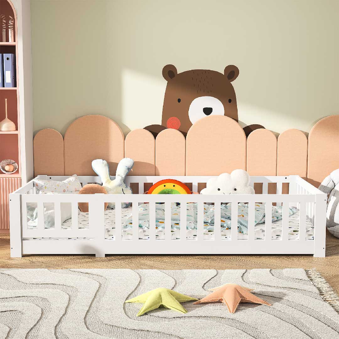 Yelenaro Montessori Kinderbett 90x200 mit Rausfallschutz Weiß