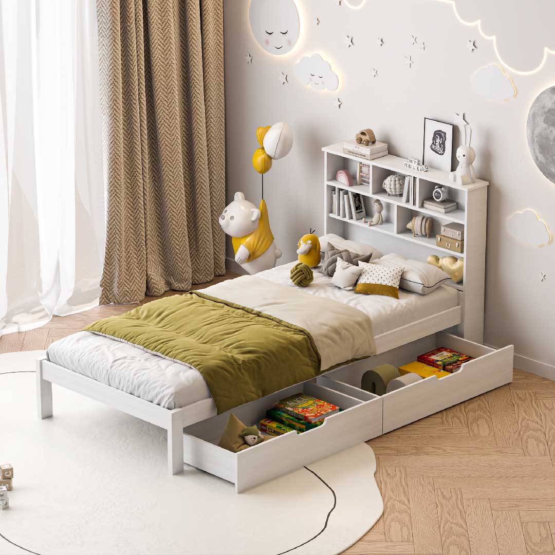 Modernes Kinderzimmer mit weißem Yelenaro Holz-Stauraumbett 90x200 cm – Regal-Kopfteil und große Schubladen für Spielzeug und Bücher.