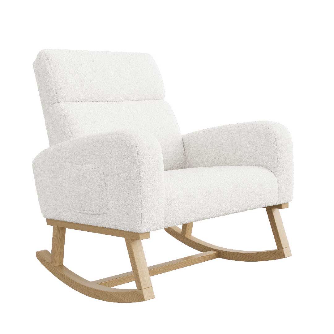 Weißer Yelenaro Schaukelstuhlsofa aus Teddy-Stoff, moderner Relaxsessel mit stabilem Holzgestell