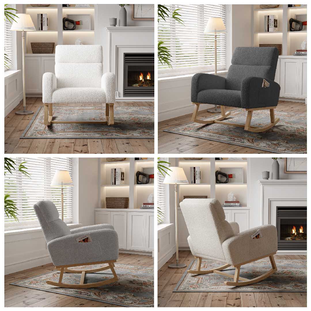 Yelenaro Schaukelstuhlsofa aus Teddy-Stoff in mehreren Farben, Relaxsessel mit Holzsockel aus verschiedenen Perspektiven