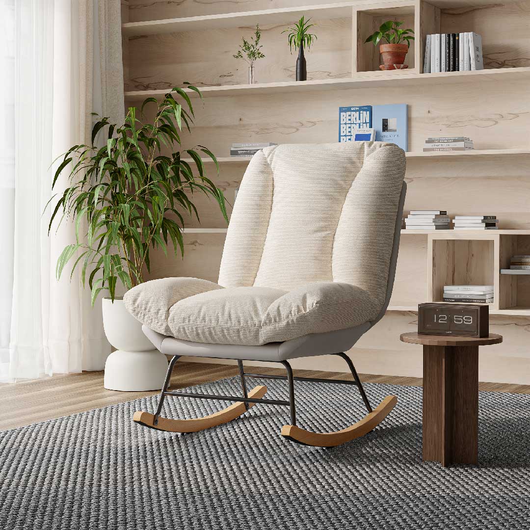 Yelenaro Schaukelstuhl – Verstellbarer Relaxsessel aus Leinen mit Holzfüßen, ergonomisch & modern für Wohnzimmer & Schlafzimmer