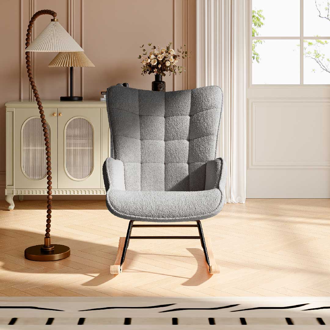 Yelenaro Bouclé Schaukelstuhl mit hohem Rücken – Ergonomischer Relaxsessel mit Holzfüßen für Wohnzimmer & Schlafzimmer