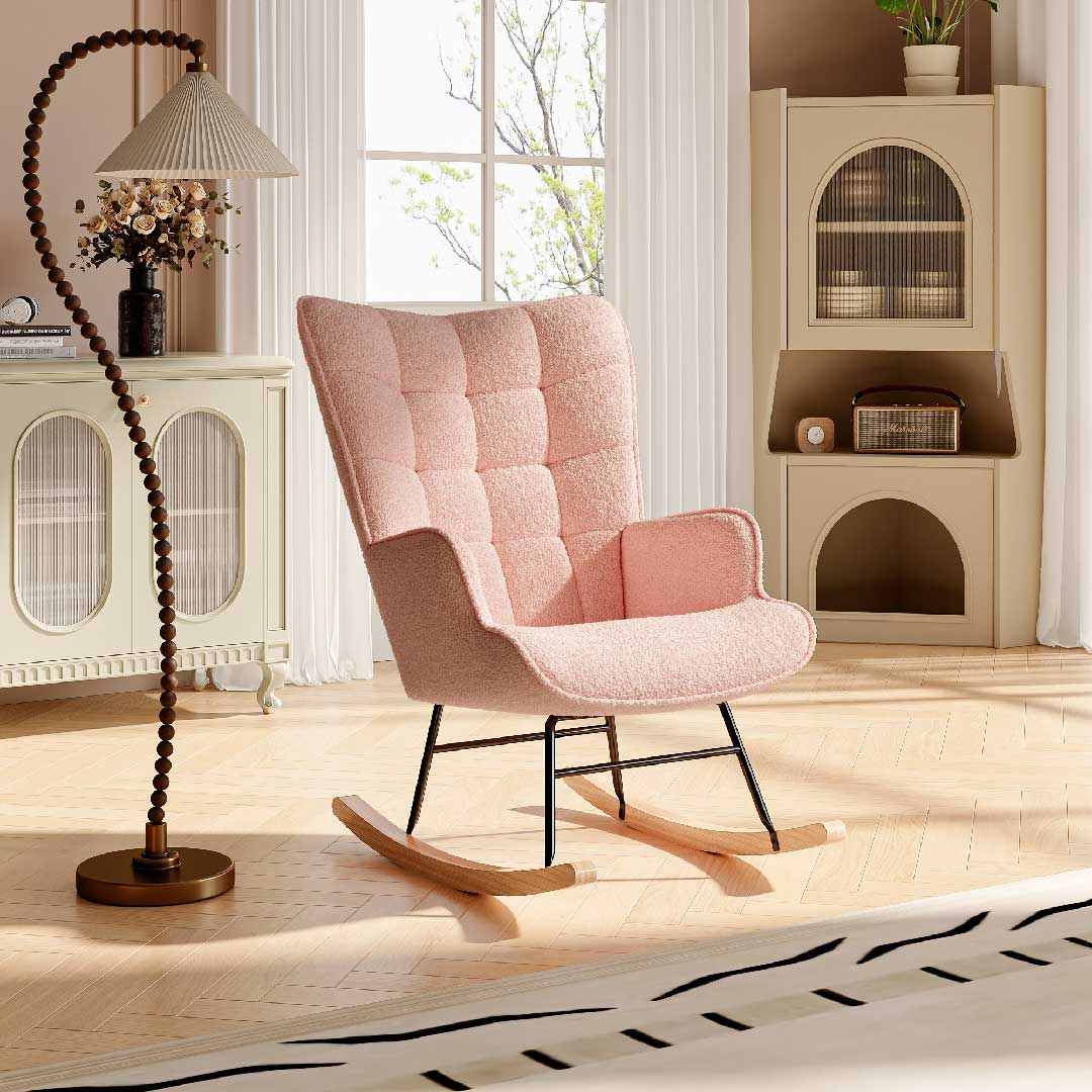 Yelenaro Bouclé Schaukelstuhl mit hohem Rücken – Ergonomischer Relaxsessel mit Holzfüßen für Wohnzimmer & Schlafzimmer