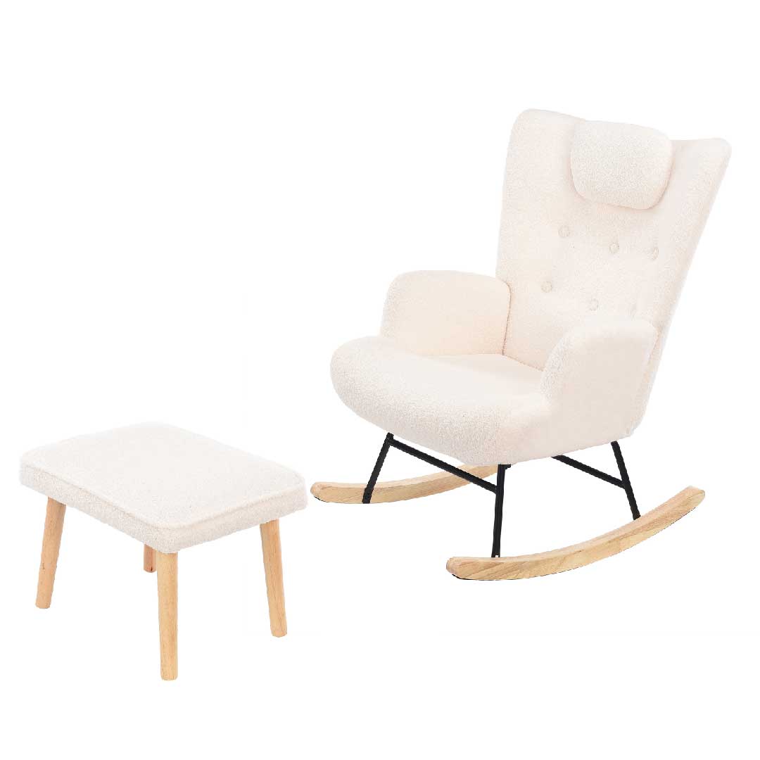 Yelenaro Bouclé Schaukelstuhl mit Hocker – Teddy Relaxsessel mit Kopfstütze & Seitentasche, Komfort-Sessel für Wohnzimmer & Babyzimmer