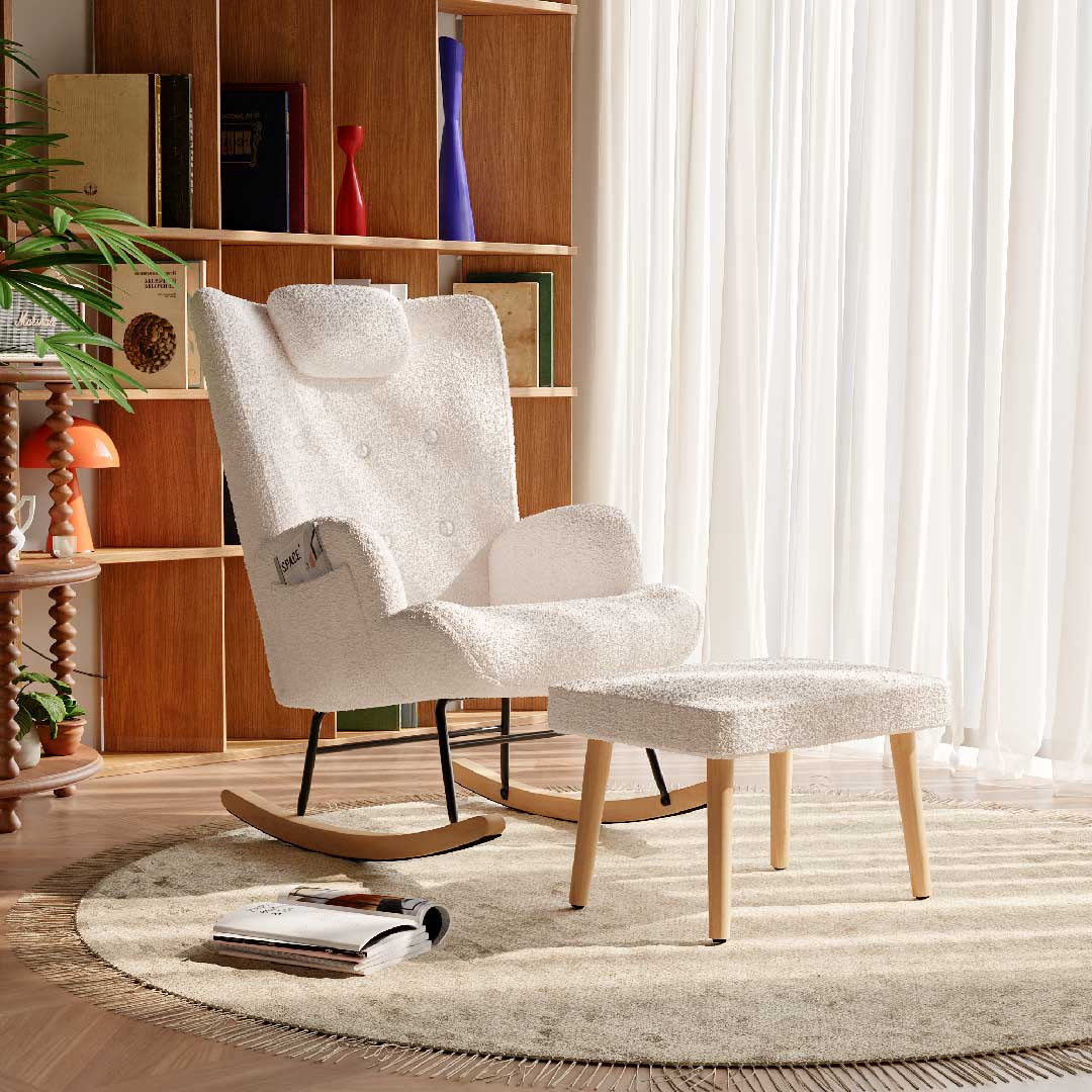Yelenaro Bouclé Schaukelstuhl mit Hocker – Teddy Relaxsessel mit Kopfstütze & Seitentasche, Komfort-Sessel für Wohnzimmer & Babyzimmer