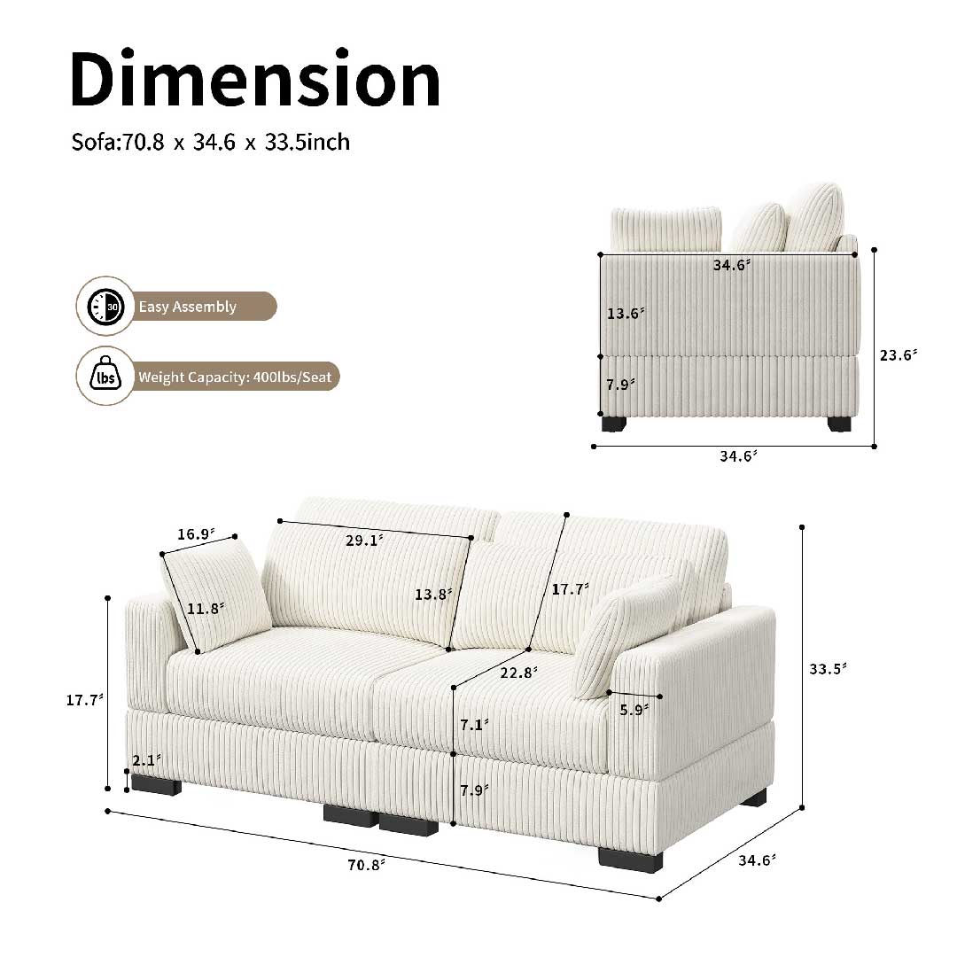Maße des modularen Cord-Sofas, Sitzhöhe und Gesamtabmessungen übersichtlich dargestellt
