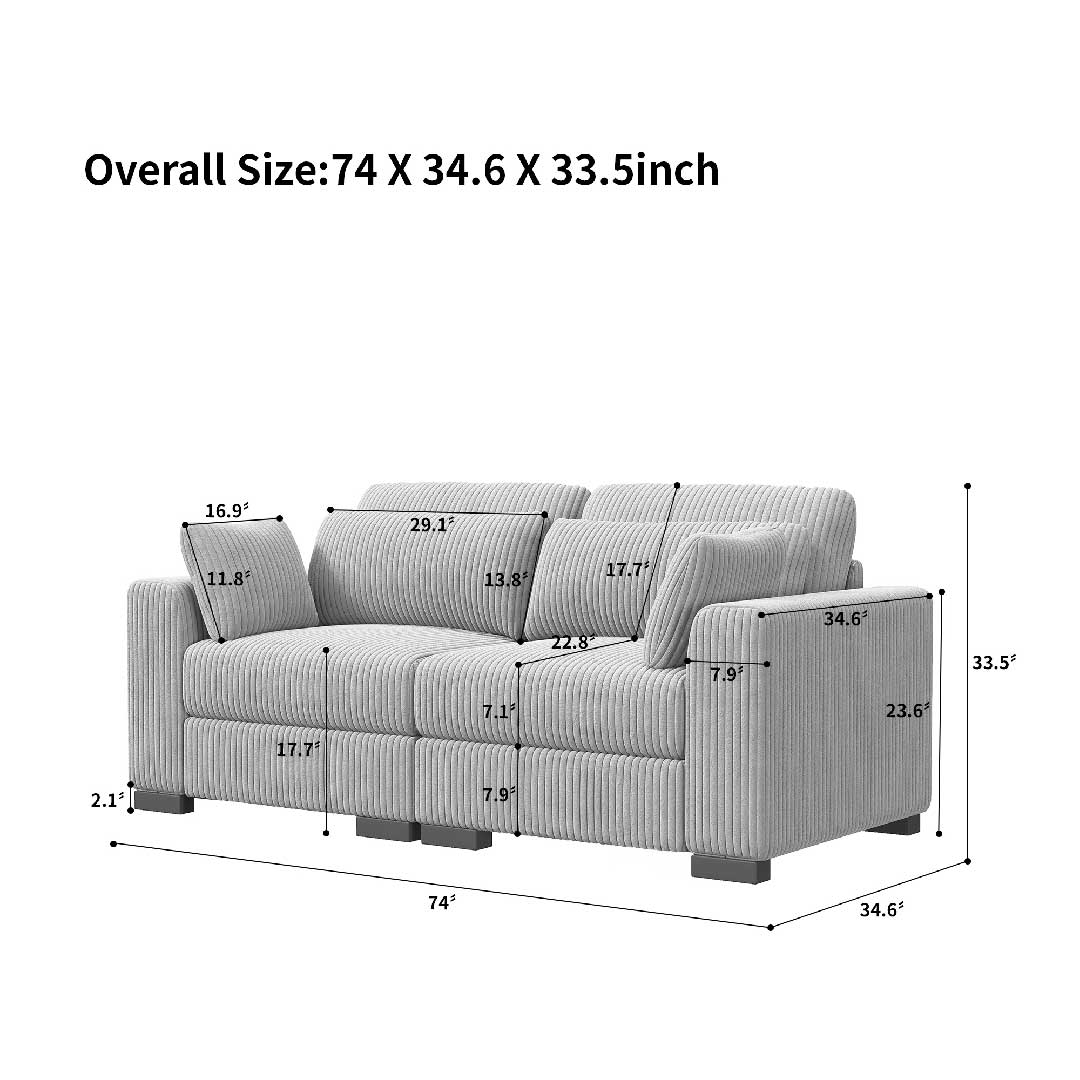 Maße des modularen Sofas – Gesamtgröße 74 × 34,6 × 33,5 Zol