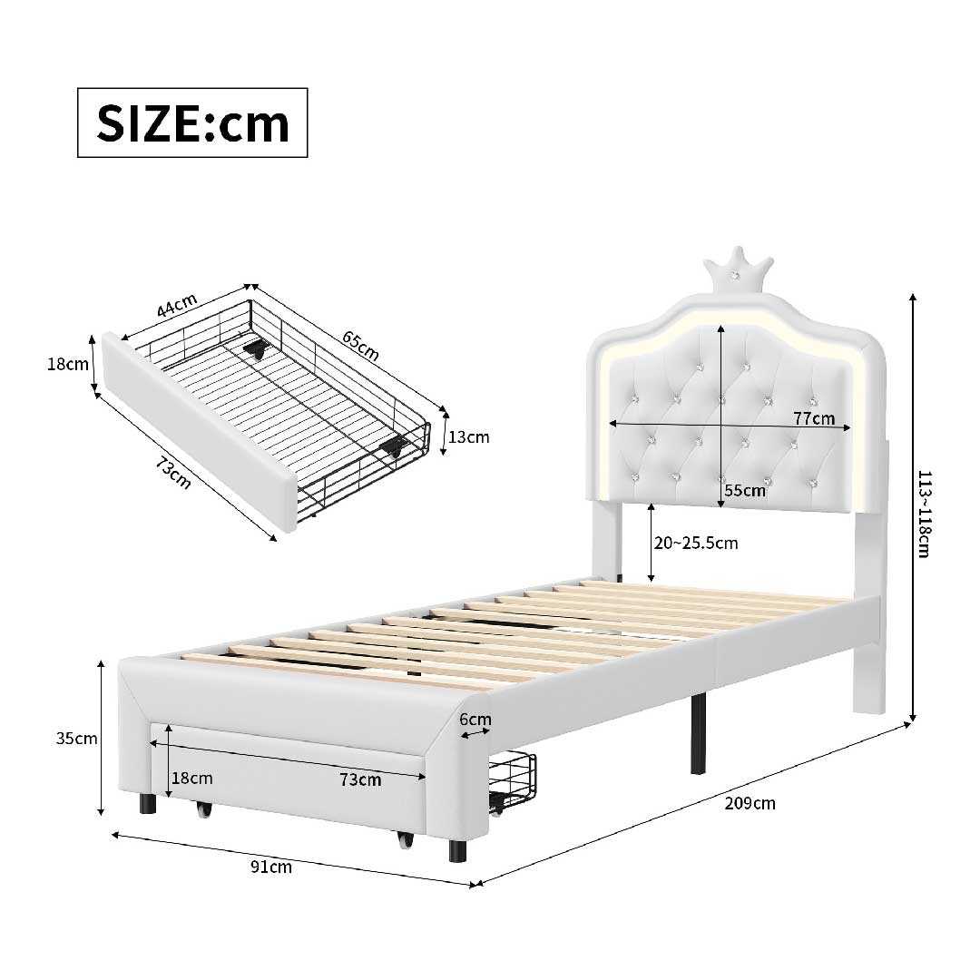 Größenübersicht Kinder-Polsterbett 90x200 cm mit Stauraum-Schublade und verstellbarem Kopfteil