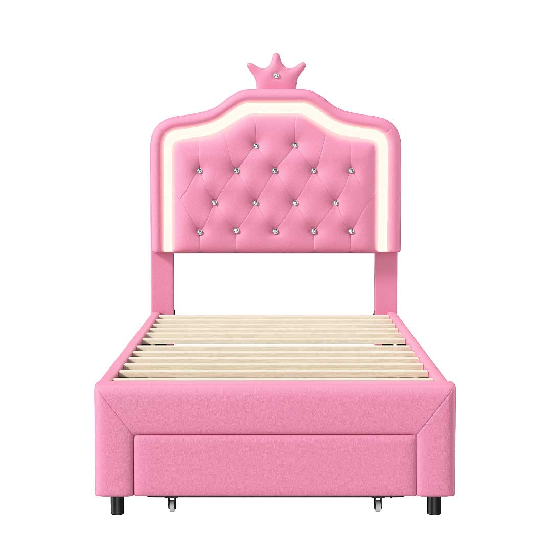 Kinder-Polsterbett 90x200 cm in Rosa mit LED-Kopfteil, integrierter Schublade und stabilem Lattenrost