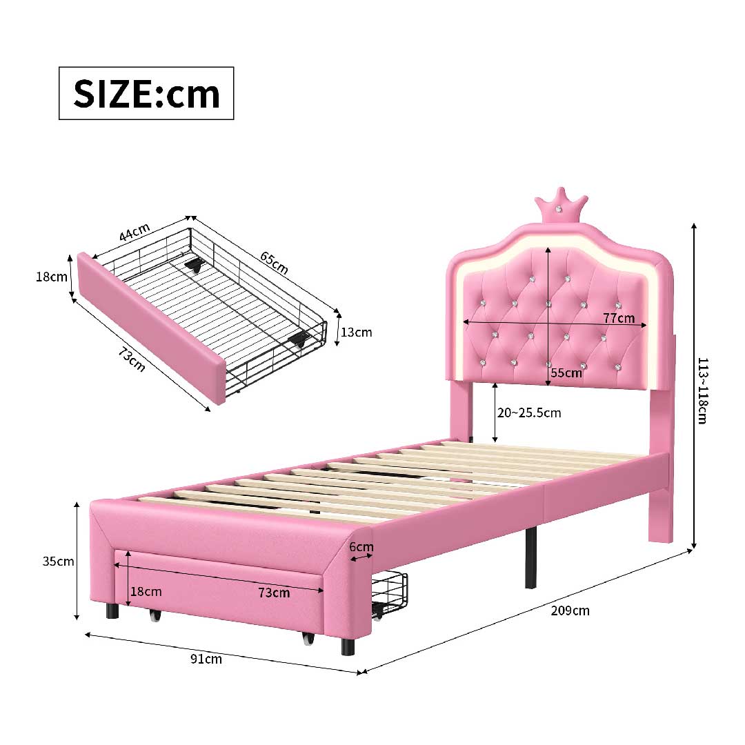 Maßzeichnung des Kinderbetts 90x200 cm mit Schublade, Lattenrost und gepolstertem LED-Kopfteil