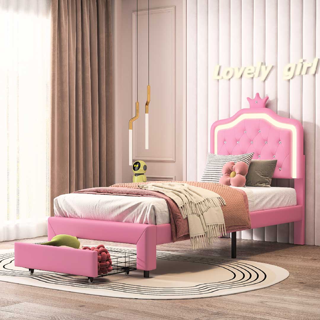 Kinderbett in Rosa mit LED-Beleuchtung im Kopfteil, dekoratives Polsterbett für Mädchenzimmer