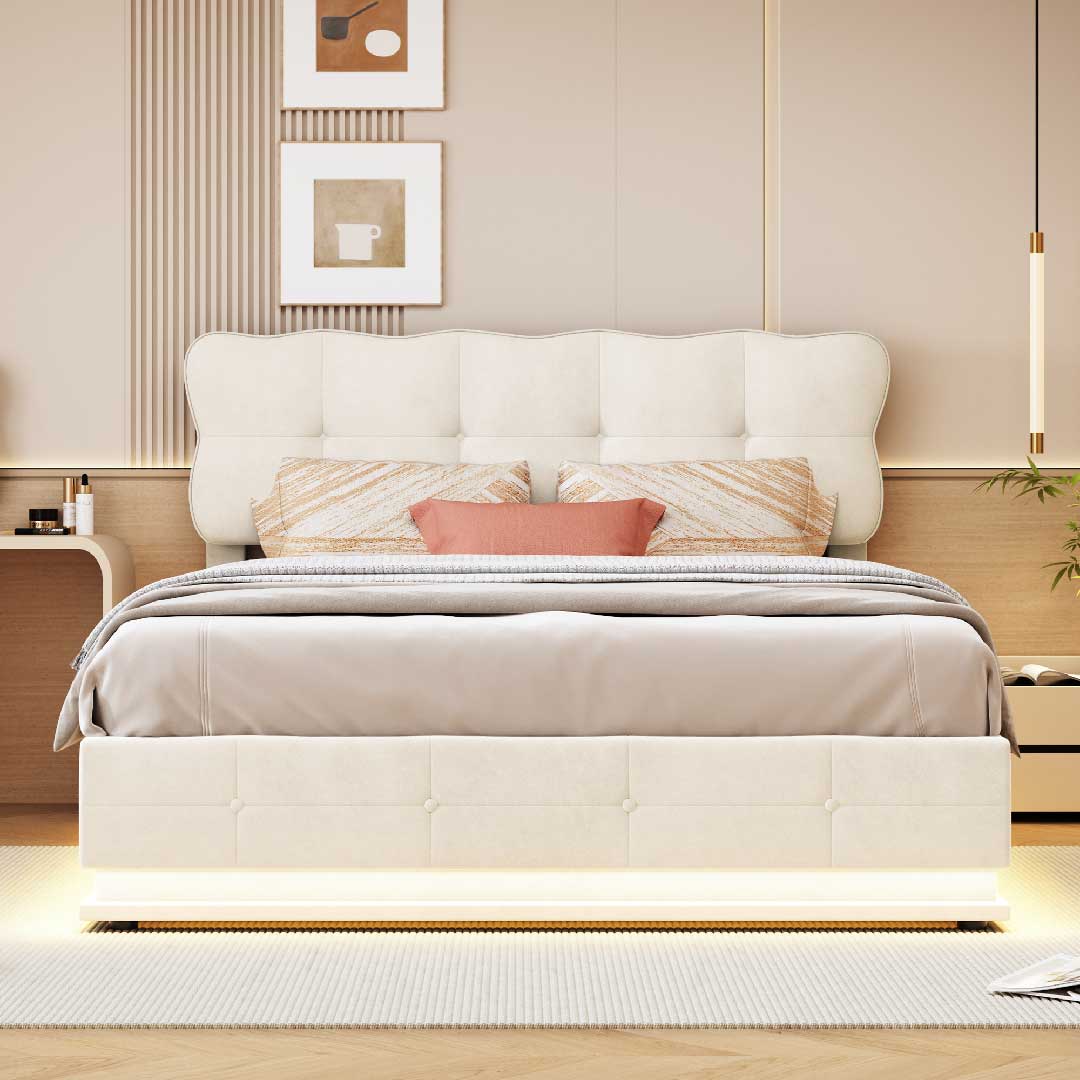 Weißes Yelenaro Polsterbett mit LED-Beleuchtung und Stauraum, modernes Samtbett im Schlafzimmer mit gepolstertem Kopfteil