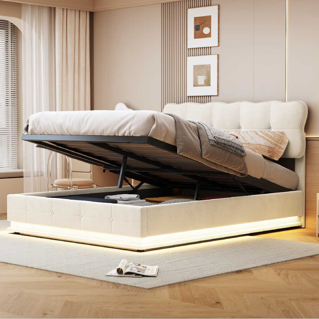Yelenaro Samtbett mit Hydraulik und großem Stauraum, hochklappbarer Lattenrost zeigt geräumigen Bettkasten
