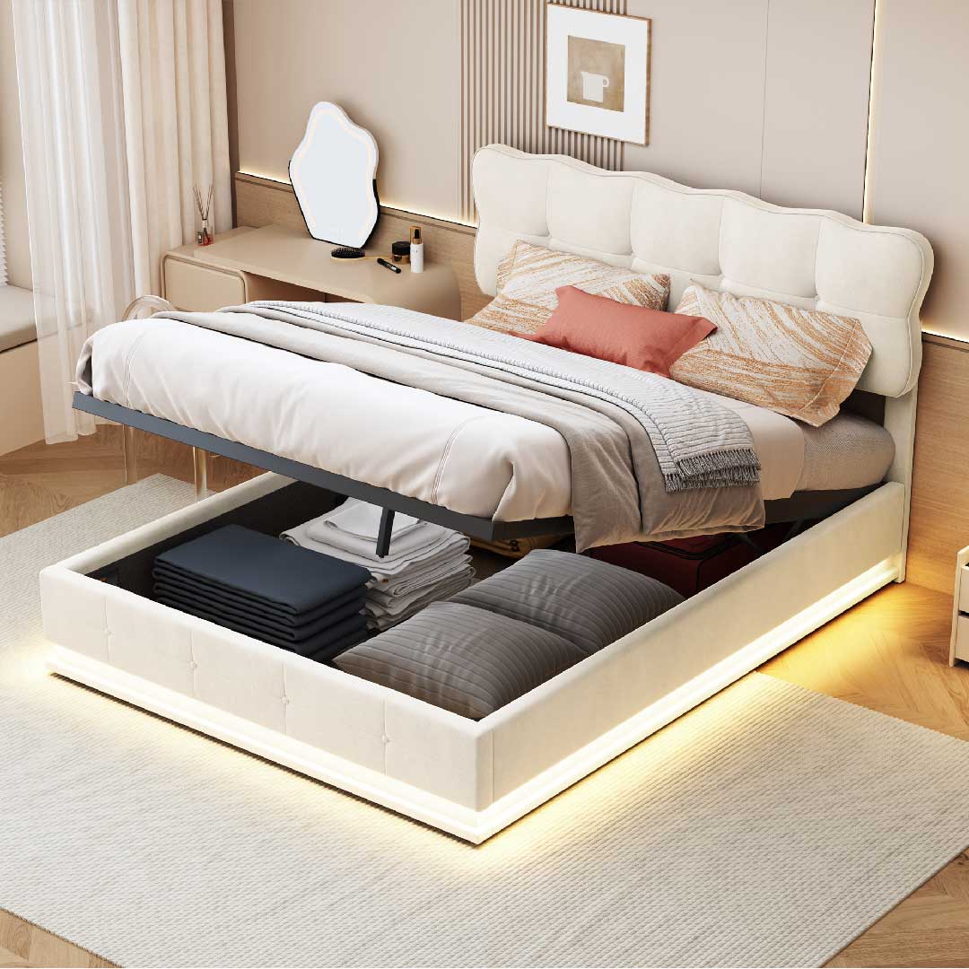 Polsterbett mit LED-Streifen und Stauraum von Yelenaro, weißes Samtbett mit stabilem Rahmen und Komfort-Kopfteil