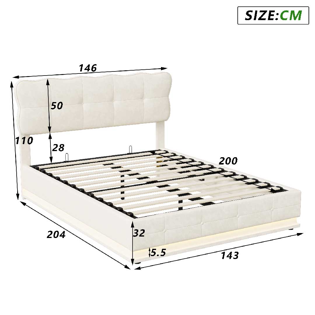 Maßzeichnung Yelenaro Polsterbett mit LED und Stauraum, Samtbett Hydraulik mit cm-Abmessungen