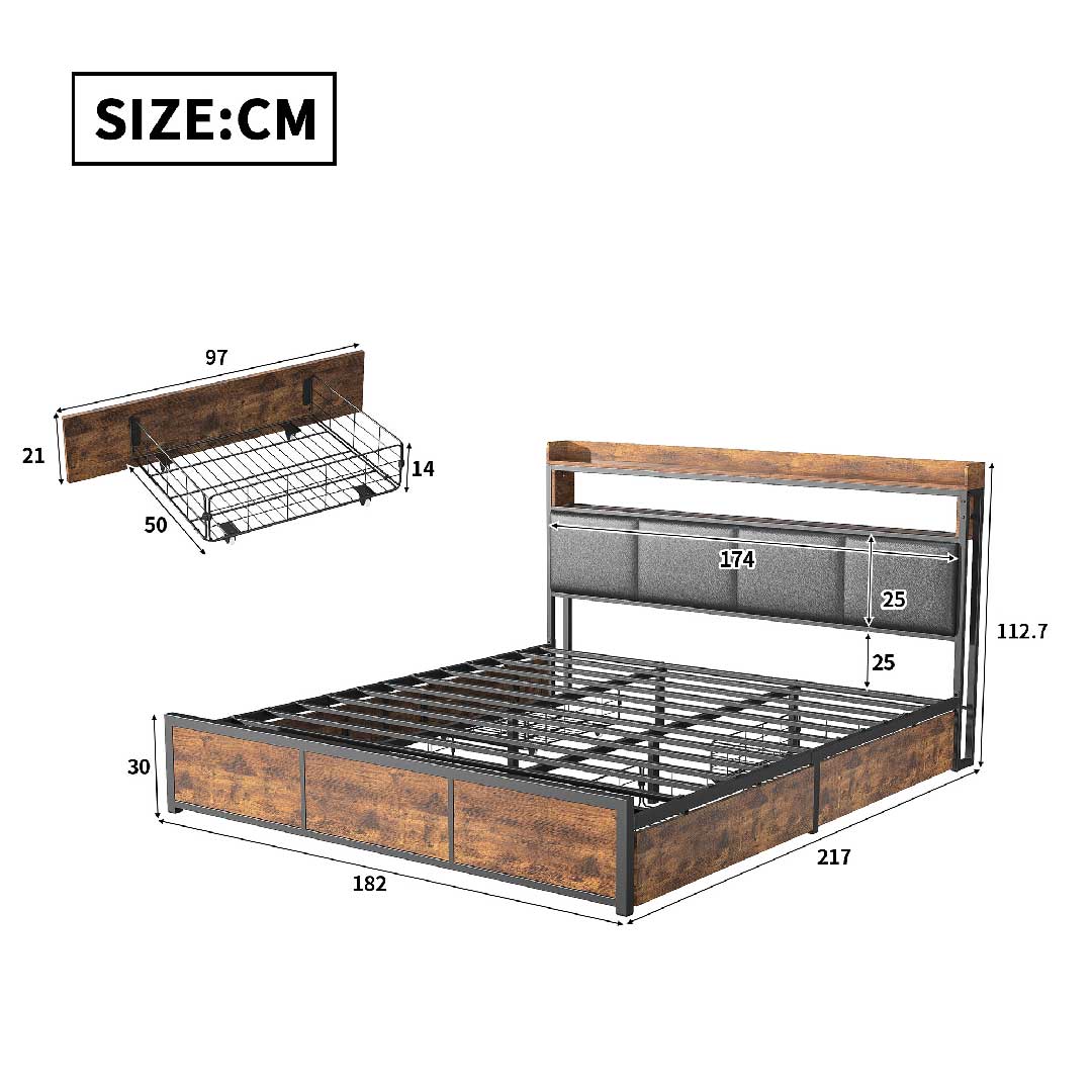 Maßzeichnung des Yelenaro LED-Stauraumbetts 180×200 cm mit Kopfteilregal, Metall-Holz-Rahmen und vier Schubladen