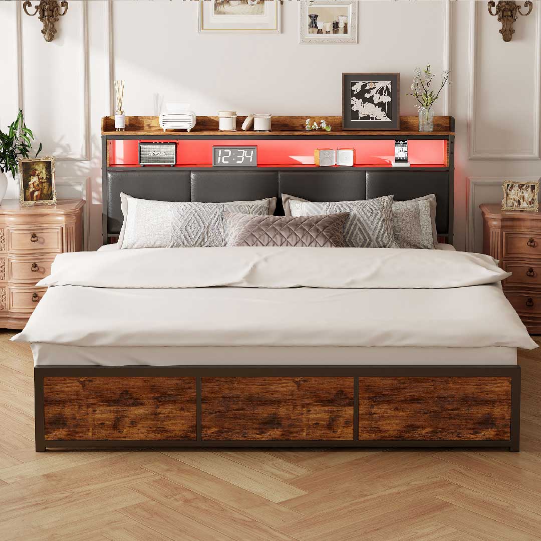 Yelenaro LED-Bett in Tigerholz-Optik mit roter Beleuchtung – stabiles Metallgestell und Kopfteil mit Ablage und Softpolsterung.