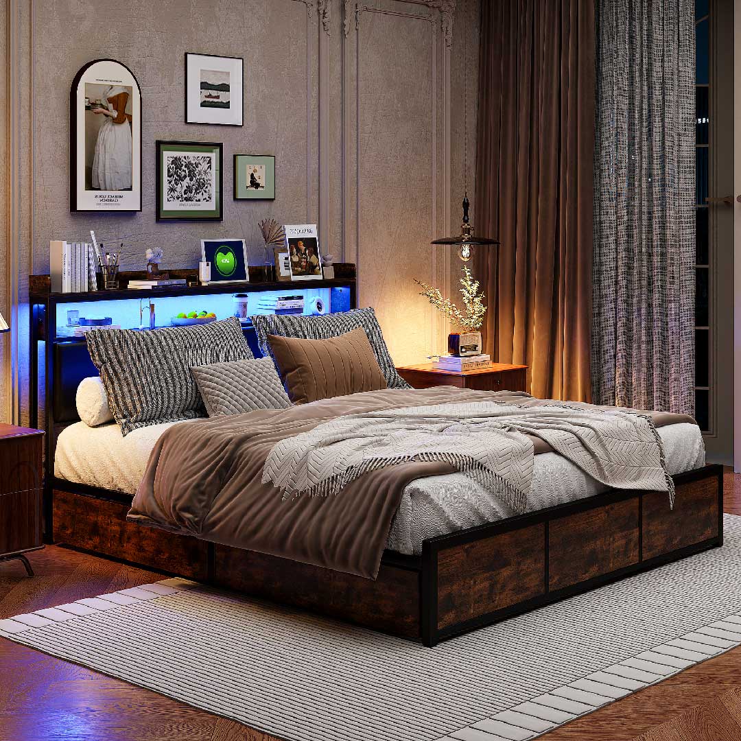 Modernes Schlafzimmer mit Yelenaro LED-Stauraumbett in Holz-Metall-Design – gepolstertes Kopfteil und stimmungsvolle blaue Beleuchtung.