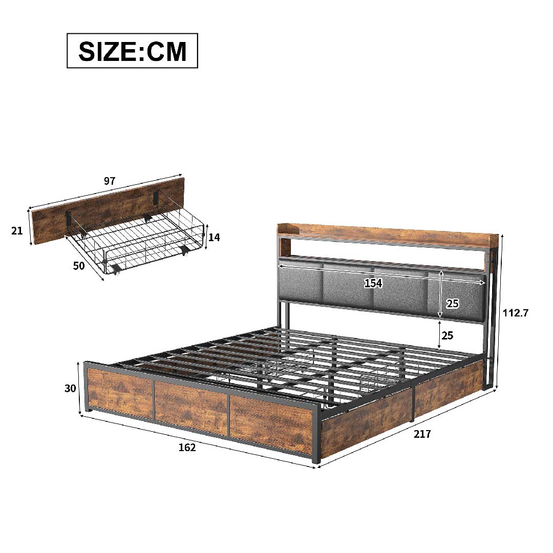 Abmessungen des Industrial LED-Stauraumbetts 160×200 cm mit Kopfteilregal und Stauraumschubladen von Yelenaro