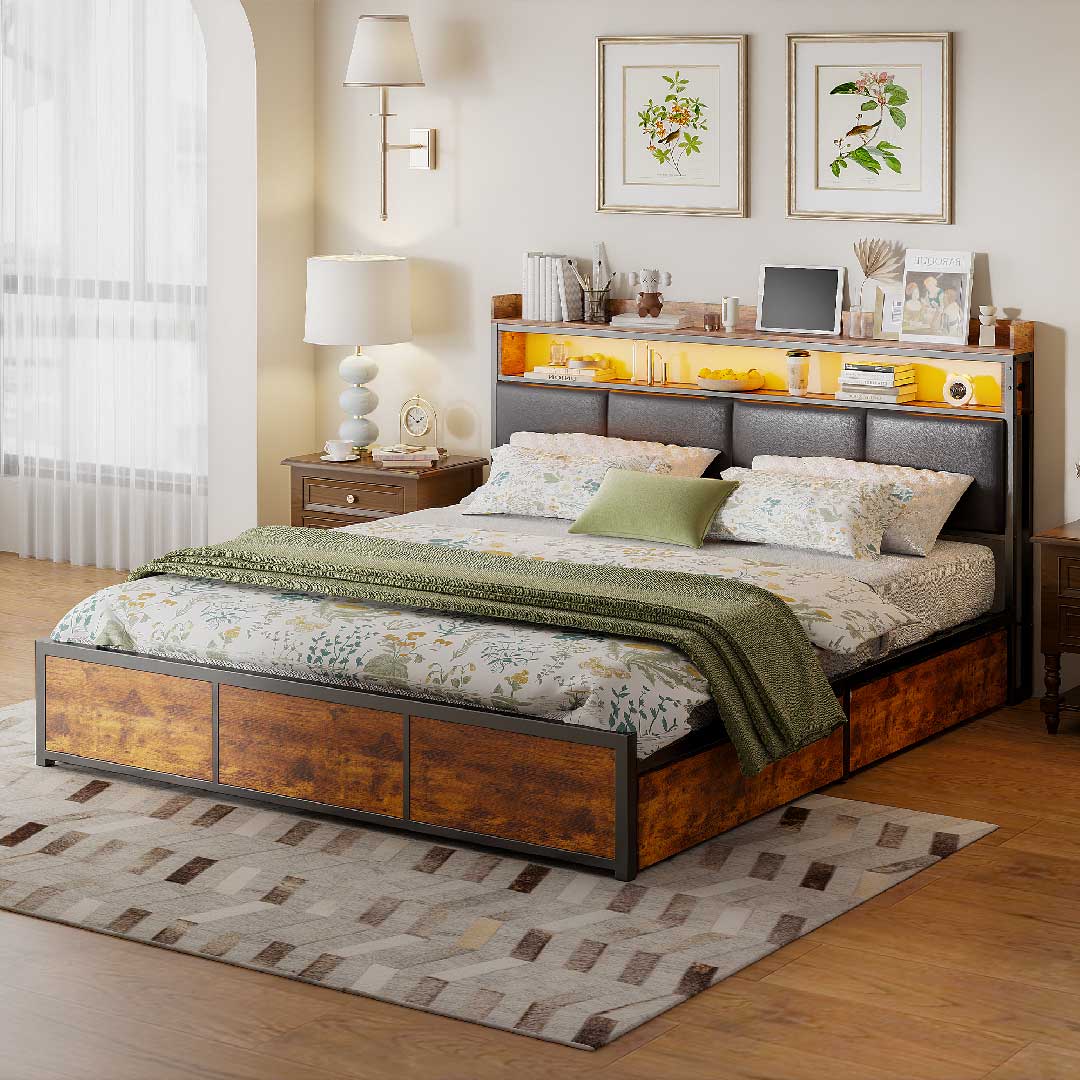 Yelenaro LED-Bett mit Holzrahmen und schwarzem Metall – Stauraumbett mit warmweißer LED-Beleuchtung und funktionalem Kopfteilregal.
