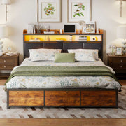 Yelenaro Doppelbett mit LED-Licht und 4 Schubladen – industrielles Holz-Metall-Design mit gepolstertem Kopfteil und Regalablage.