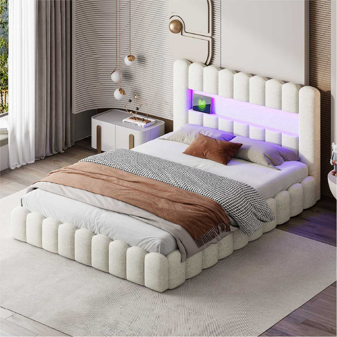 Beiges LED Polsterbett von Yelenaro mit weichem Stoffbezug, großem Stauraum und moderner LED-Beleuchtung im eleganten Schlafzimmer