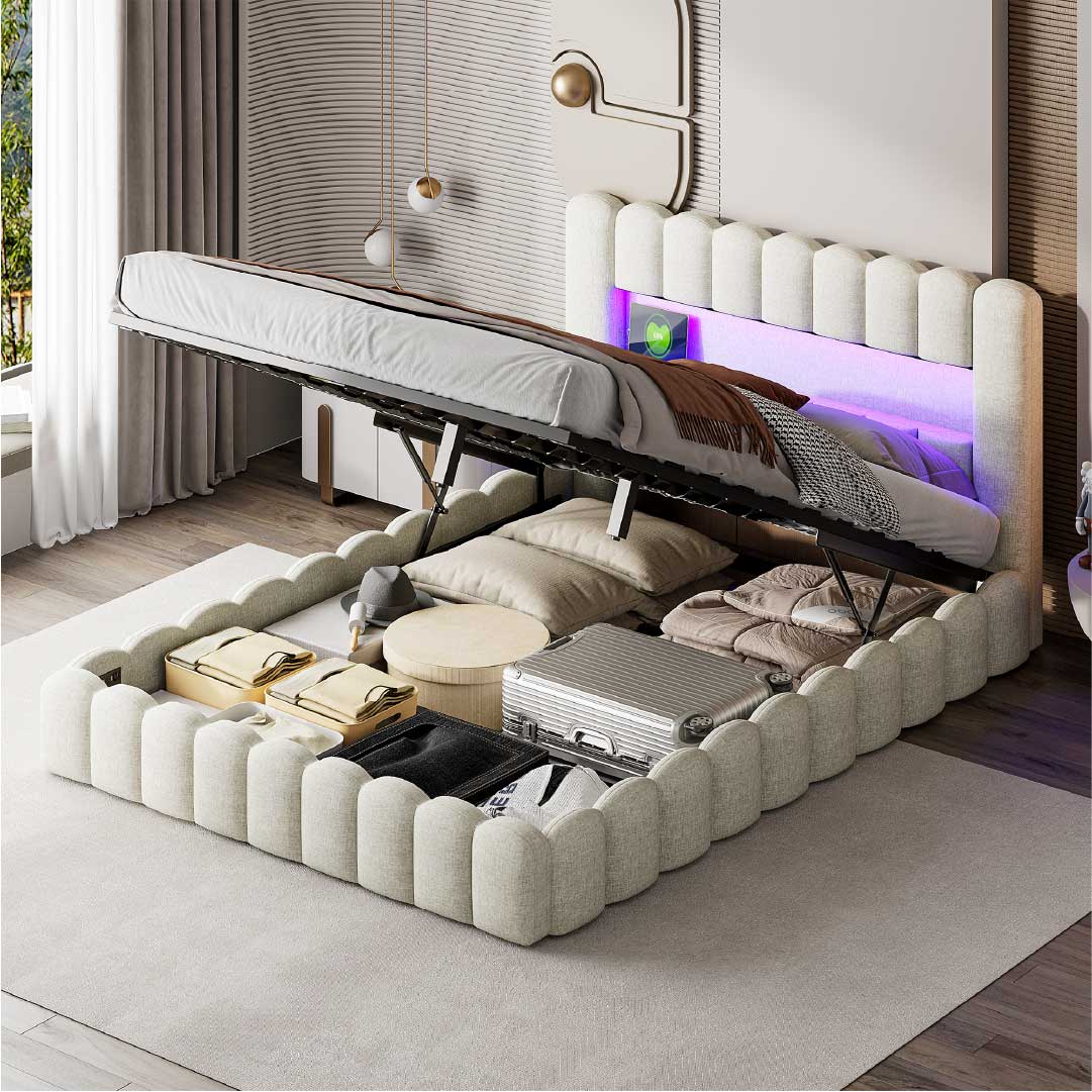 Yelenaro LED Polsterbett Beige mit hydraulischem Stauraum, geräumiger Bettkasten für Bettwäsche, Koffer und Alltagsgegenstände