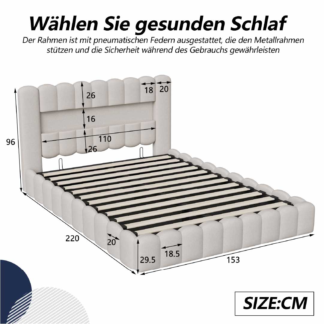 Yelenaro LED Polsterbett Beige 140x200 cm, Maßzeichnung auf weißem Hintergrund, modernes Polsterbett mit Stauraum
