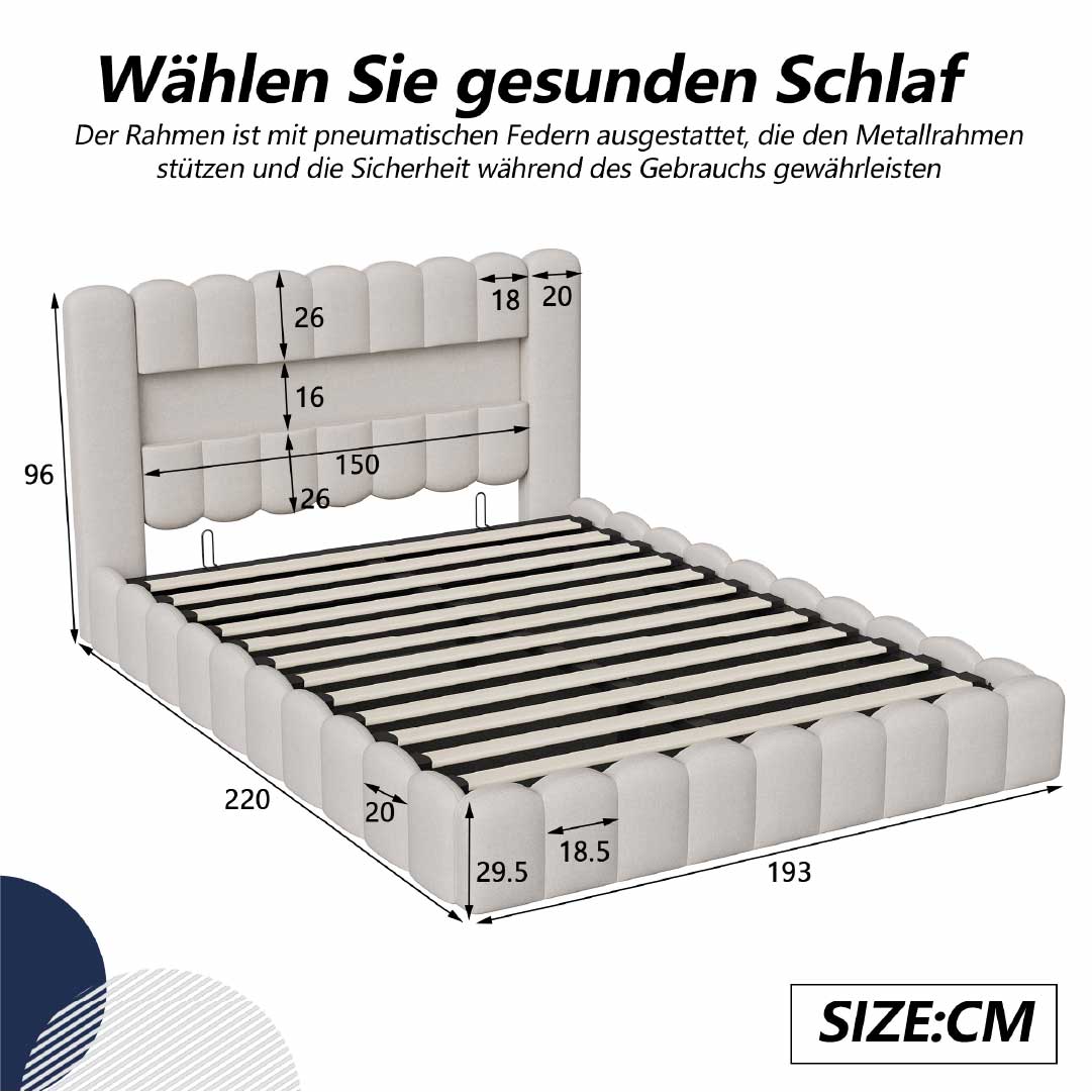 Yelenaro LED Polsterbett Beige 180x200 cm, Größenangaben auf weißem Hintergrund, komfortables Bett mit Lattenrost