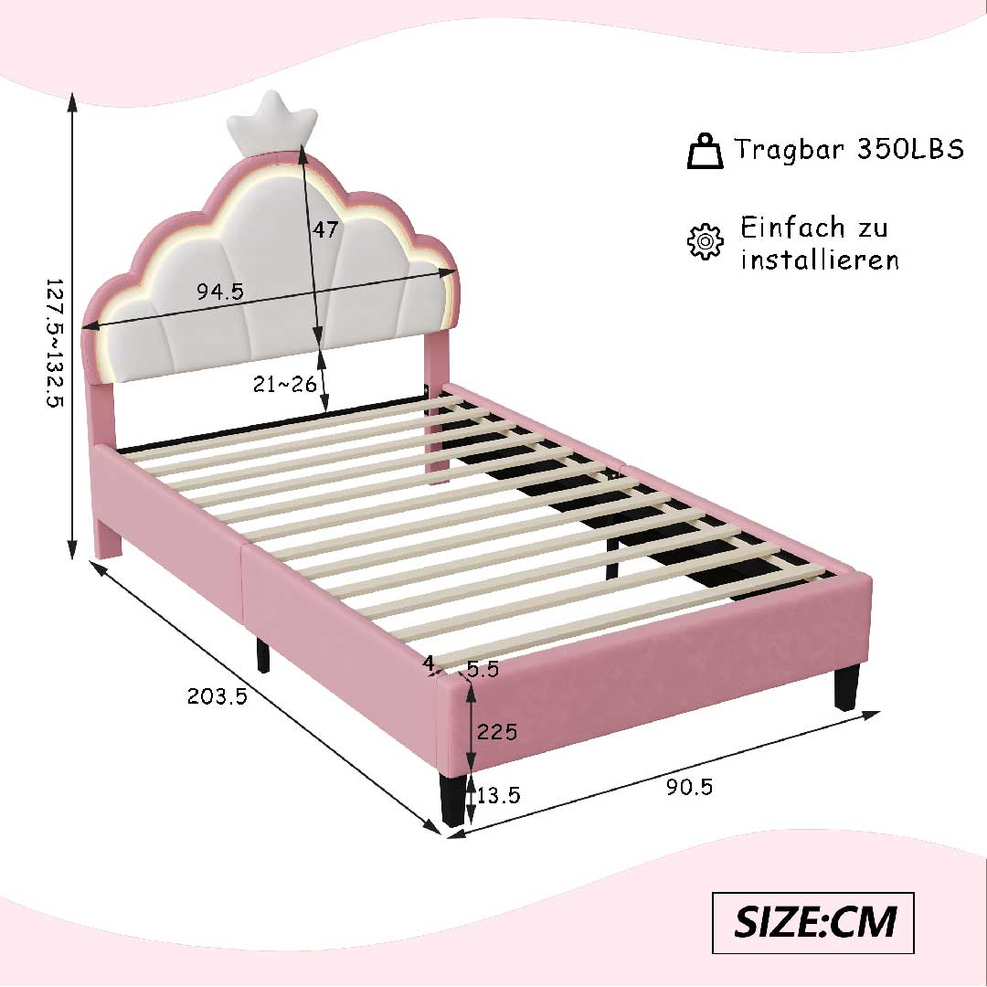 Kinderbett Mädchen mit LED & Samt – Höhenverstellbares Polsterbett 90x200 / 140x200 cm