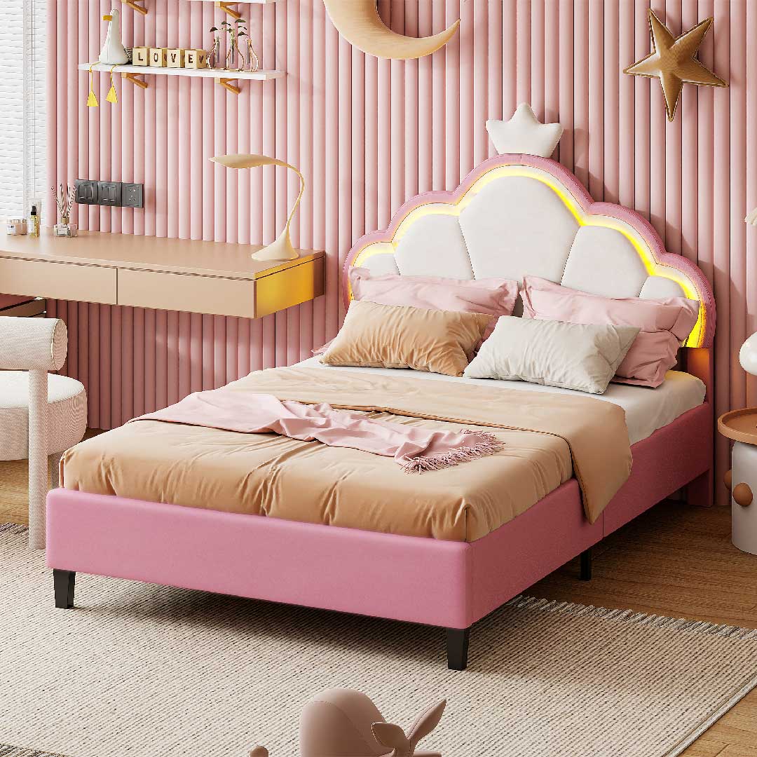 Kinderbett Mädchen mit LED & Samt – Höhenverstellbares Polsterbett 90x200 / 140x200 cm