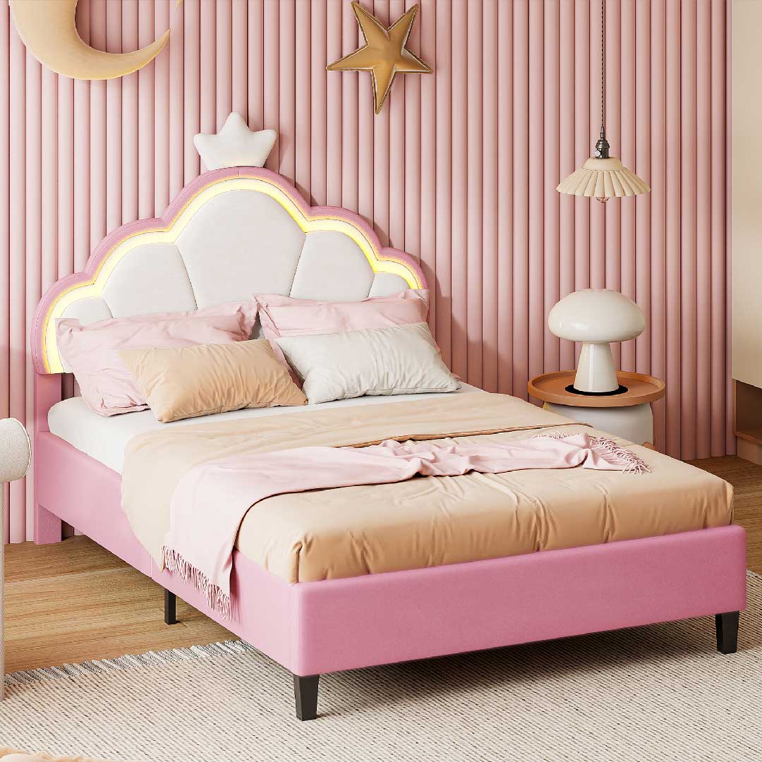 Kinderbett Mädchen mit LED & Samt – Höhenverstellbares Polsterbett 90x200 / 140x200 cm
