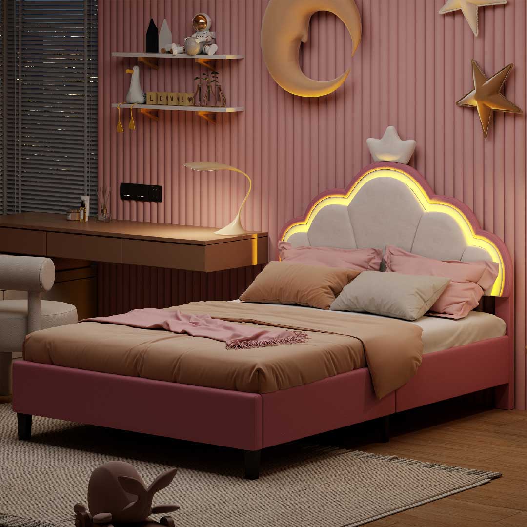 Kinderbett Mädchen mit LED & Samt – Höhenverstellbares Polsterbett 90x200 / 140x200 cm