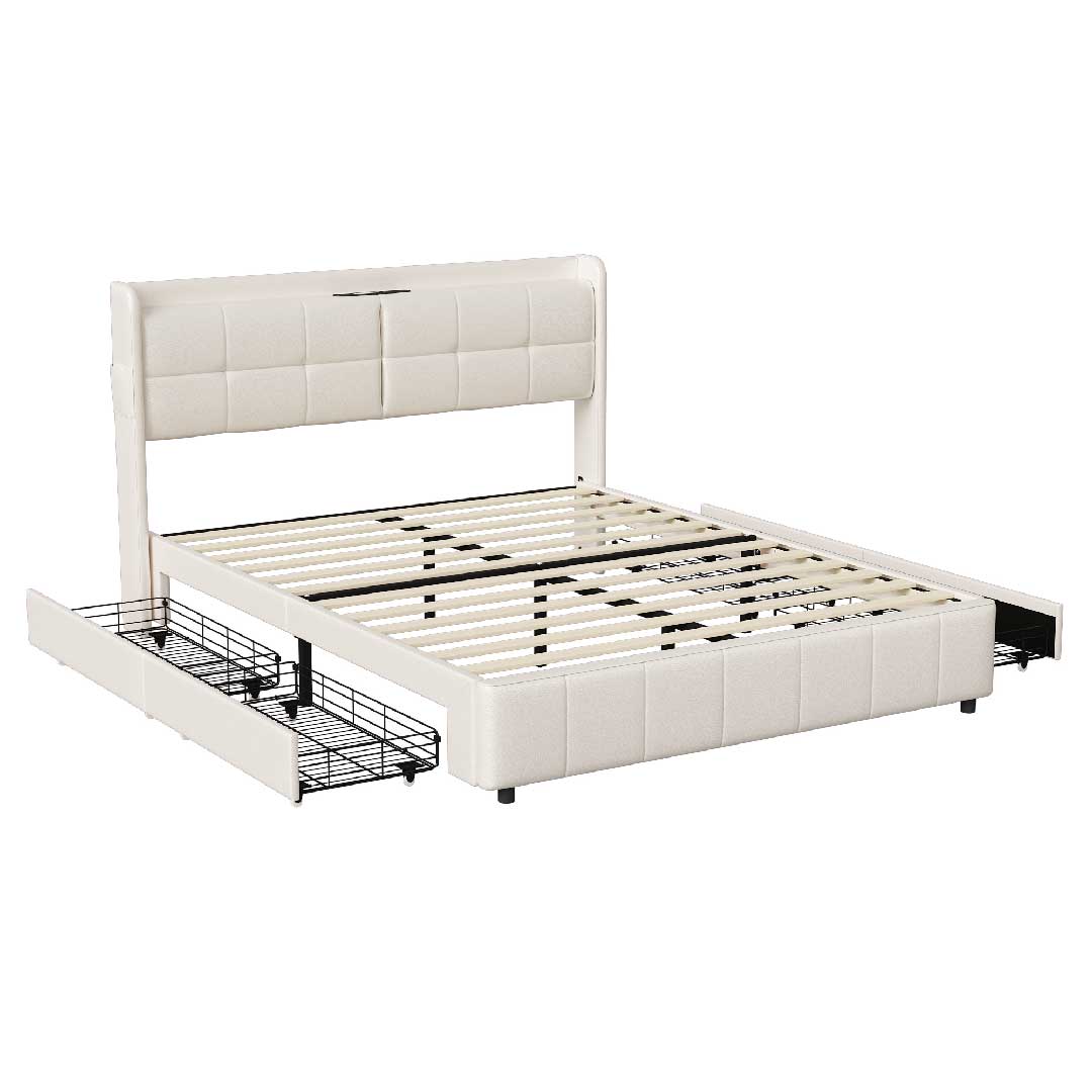 Yelenaro LED-Polsterbett mit USB-Ports und vier Stauraumschubladen – modernes weißes Kunstlederbett mit integriertem Lattenrost.