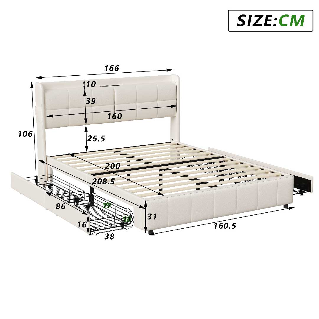 Abmessungen des Yelenaro Polsterbetts 160x200 cm – weißes Kunstlederbett mit LED, USB, Typ-C-Anschluss und 4 Schubladen.