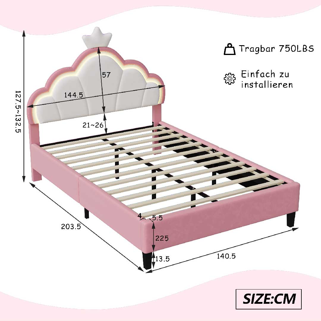 Kinderbett Mädchen mit LED & Samt – Höhenverstellbares Polsterbett 90x200 / 140x200 cm