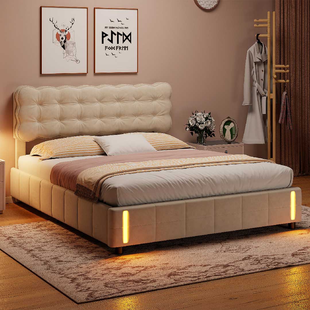 Yelenaro LED Polsterbett mit warmem Sensorlicht für stimmungsvolles Schlafzimmer