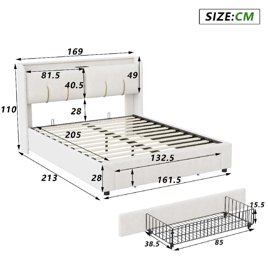 Größenangaben des Yelenaro Polsterbetts 160x200 cm – luxuriöses Samtbett mit LED, USB-Ports und Schublade am Fußende.