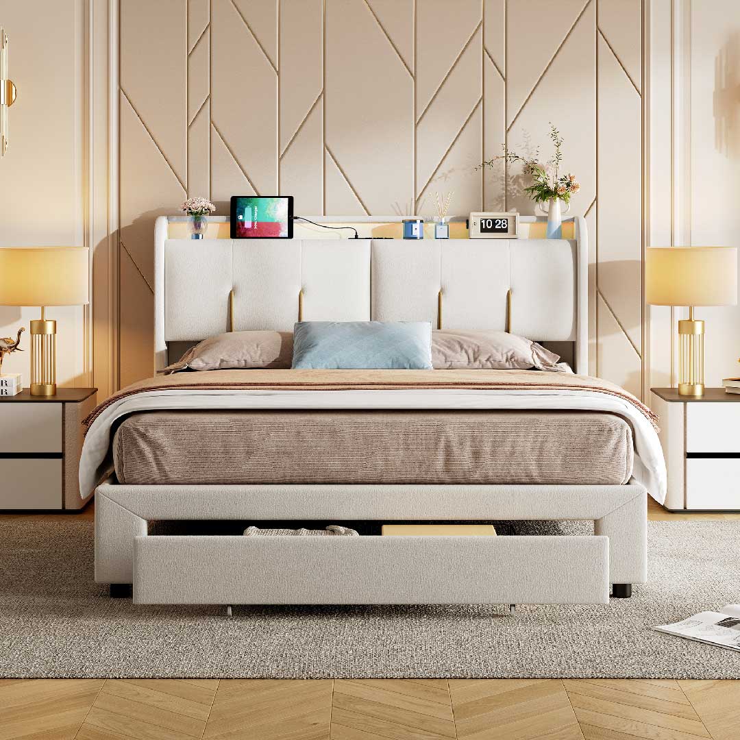 Yelenaro Polsterbett 140/160x200 cm in Beige mit LED-Beleuchtung, Stauraum und USB-Anschluss im modernen Schlafzimmer