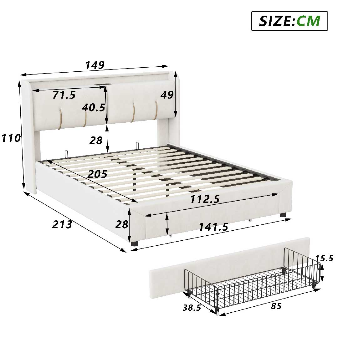 Abmessungen des Yelenaro Polsterbetts 140x200 cm mit LED-Licht, USB-Ports und praktischem Stauraum – Samtbezug in Beige.