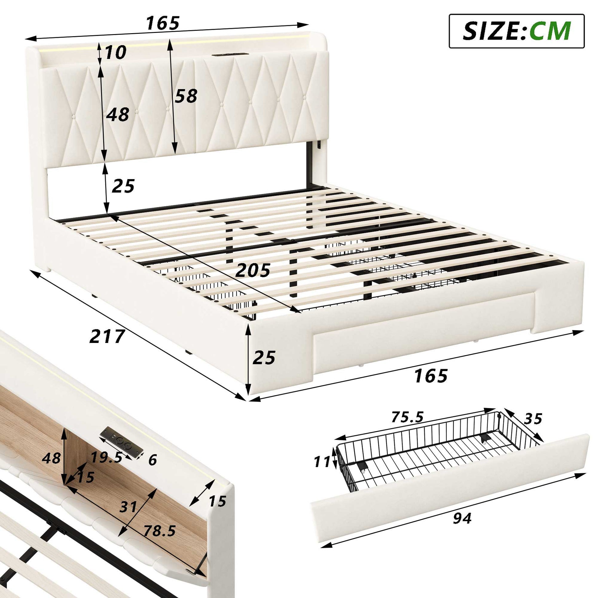 Samtbett 160×200 cm mit Maßangaben, stabile Konstruktion und integrierter Stauraum