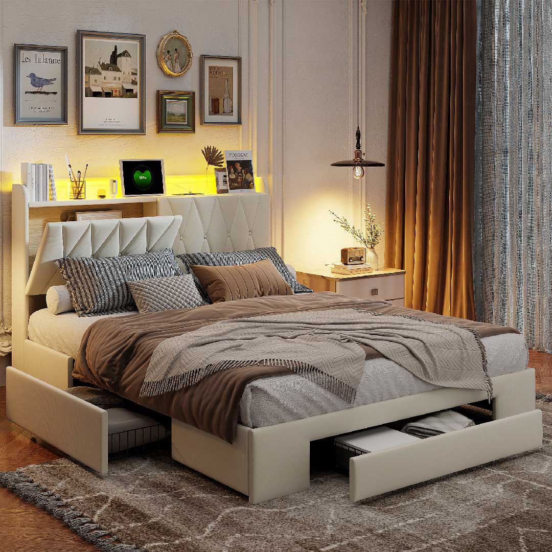 Samt-Polsterbett mit integrierter LED-Beleuchtung für eine gemütliche Schlafzimmer-Atmosphäre