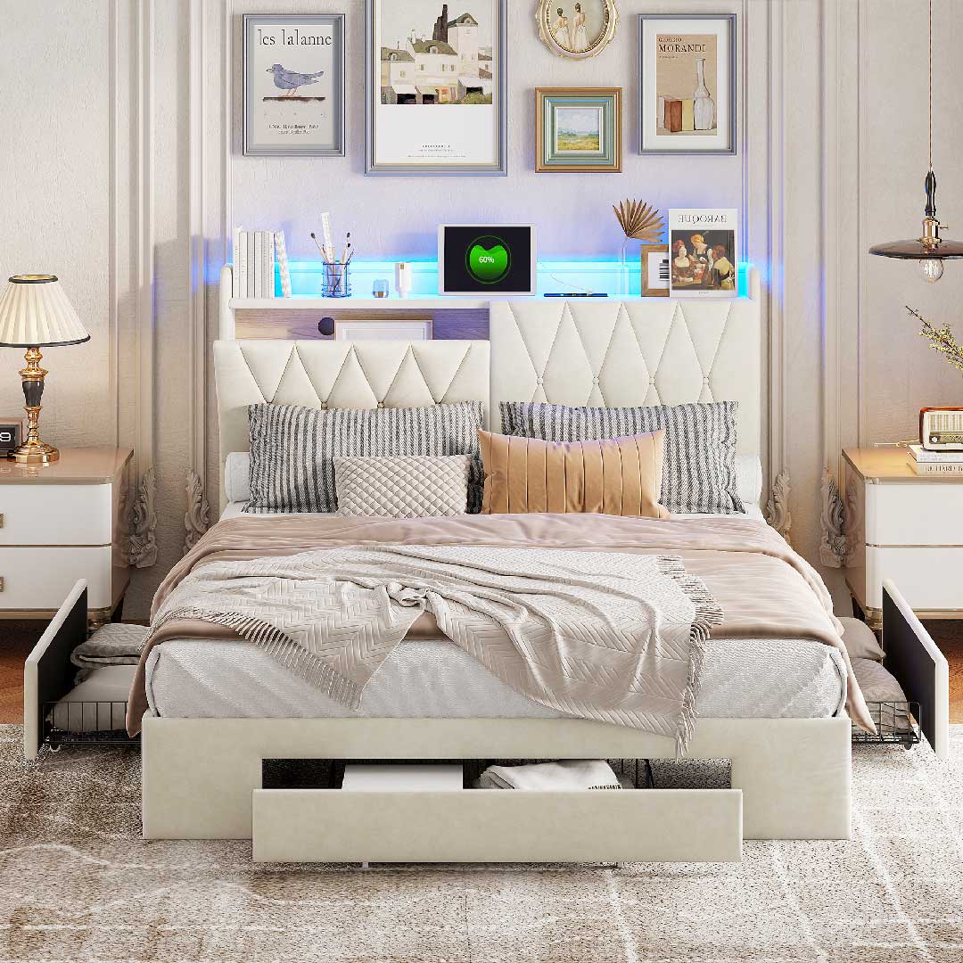 Samtbett mit LED-Beleuchtung und Stauraum in modernem Schlafzimmer, stilvolles Polsterbett