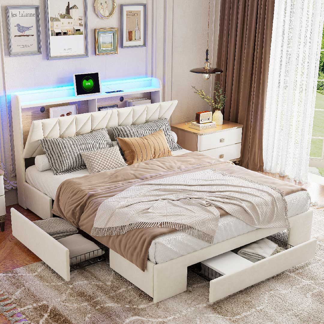 Gepolstertes Samtbett mit USB- und Typ-C-Anschluss sowie praktischer Ablage am Kopfteil