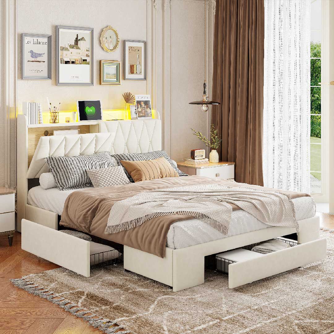 Polsterbett aus Samt mit seitlichen Schubladen, ideal für Schlafzimmer mit begrenztem Platz