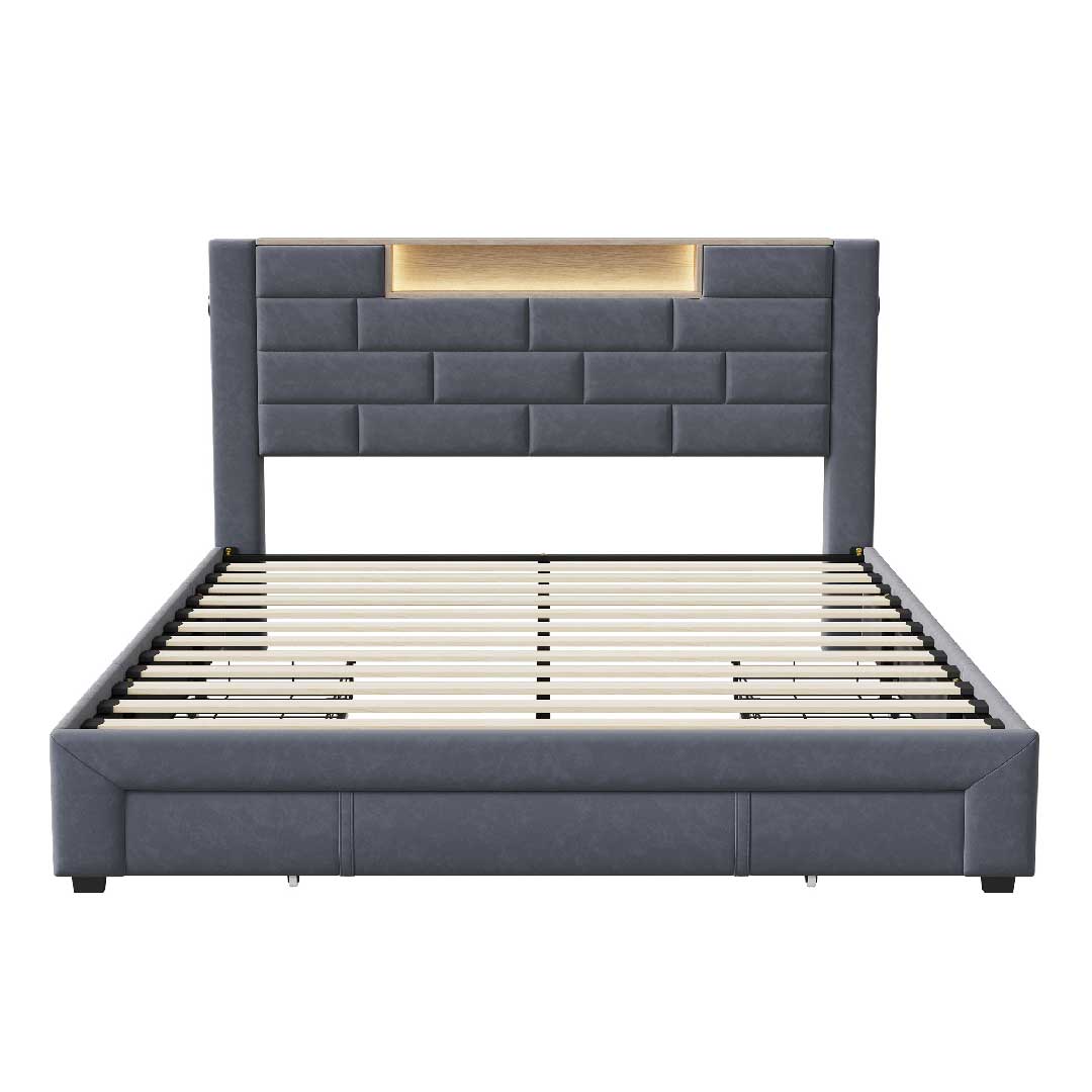 Yelenaro Samt-Polsterbett mit gepolstertem Kopfteil, LED-Lichtleiste und robustem Lattenrost – modernes Stauraumbett in elegantem Grau.