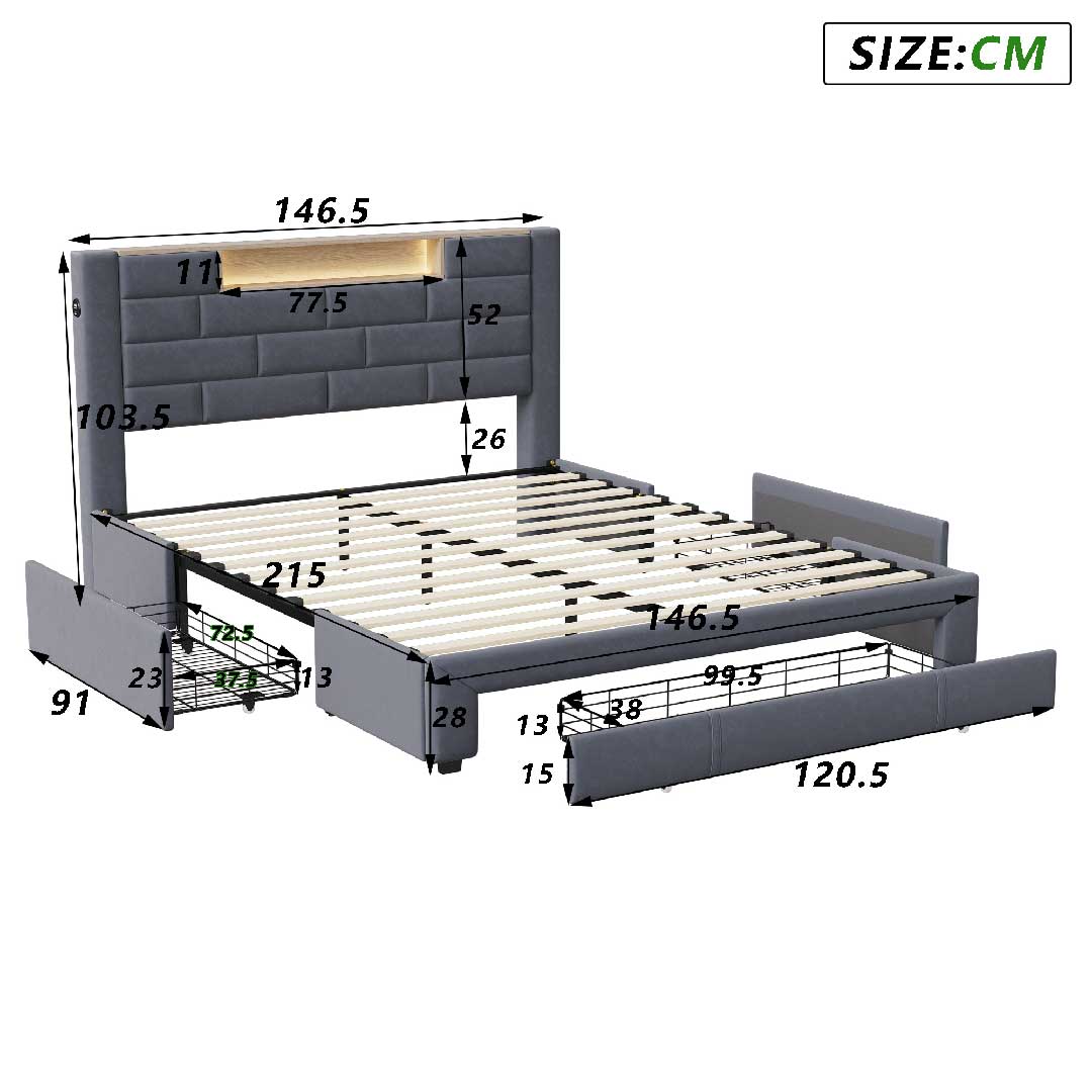 Abmessungen des Yelenaro Samtbett 140x200 cm mit LED, USB und Stauraum-Schubladen – detaillierte technische Zeichnung und Maße in Zentimetern.