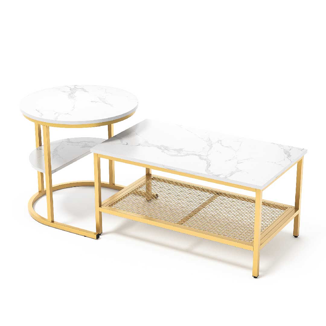 Yelenaro Couchtisch 2er Set – Marmoroptik Gold & Schwarz mit Stauraum