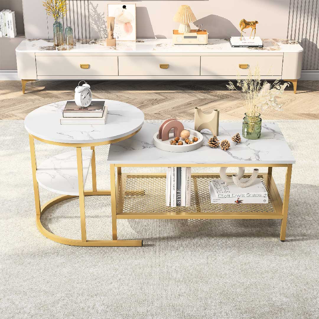 Yelenaro Couchtisch 2er Set – Marmoroptik Gold & Schwarz mit Stauraum